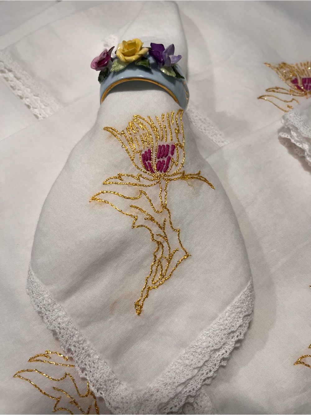 Antique French Embroidered Cotton Napkin Gold & Pink Floral Stitching Set of 9